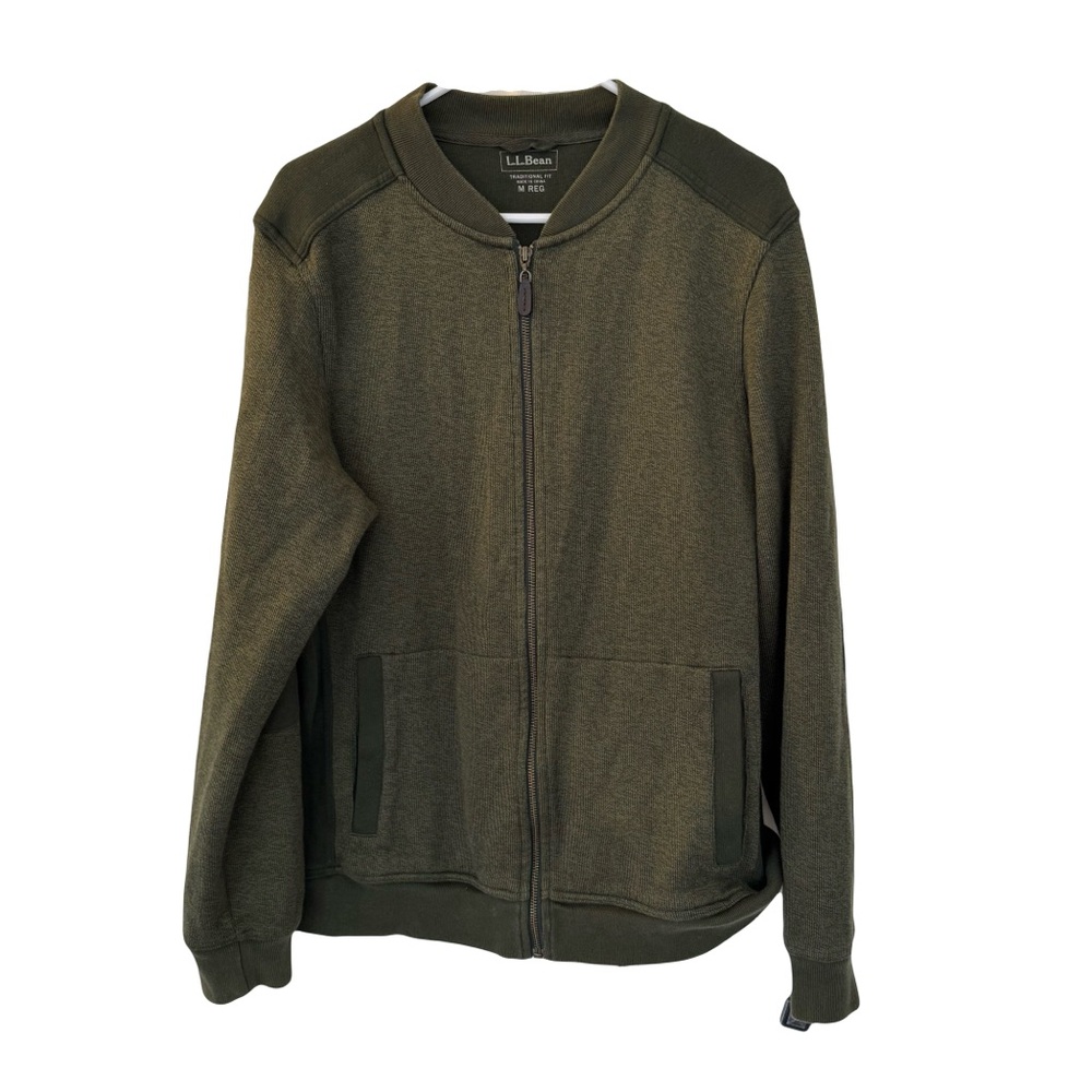 L.L. Bean Men's Cotton Zip‎ Up Cardigan Sweater Elbow Shoulder Patches, Size M